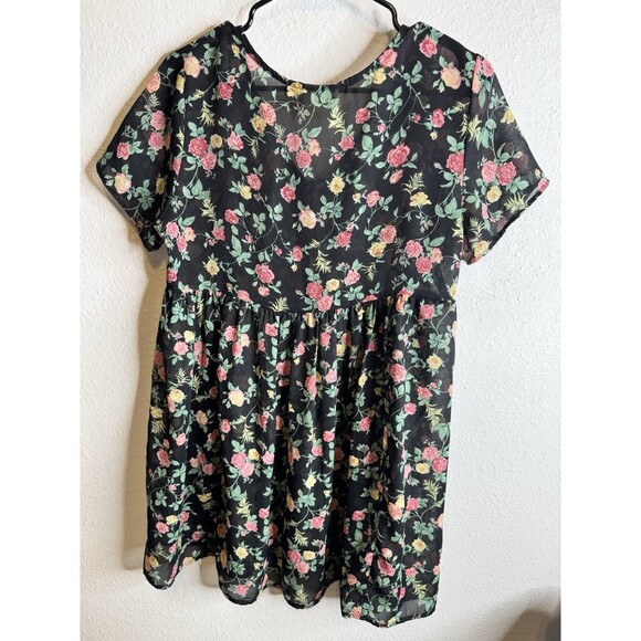 Vintage Bonjour Floral Button-Front Babydoll Dress Short Sleeve Black Women’s M - Picture 10 of 13